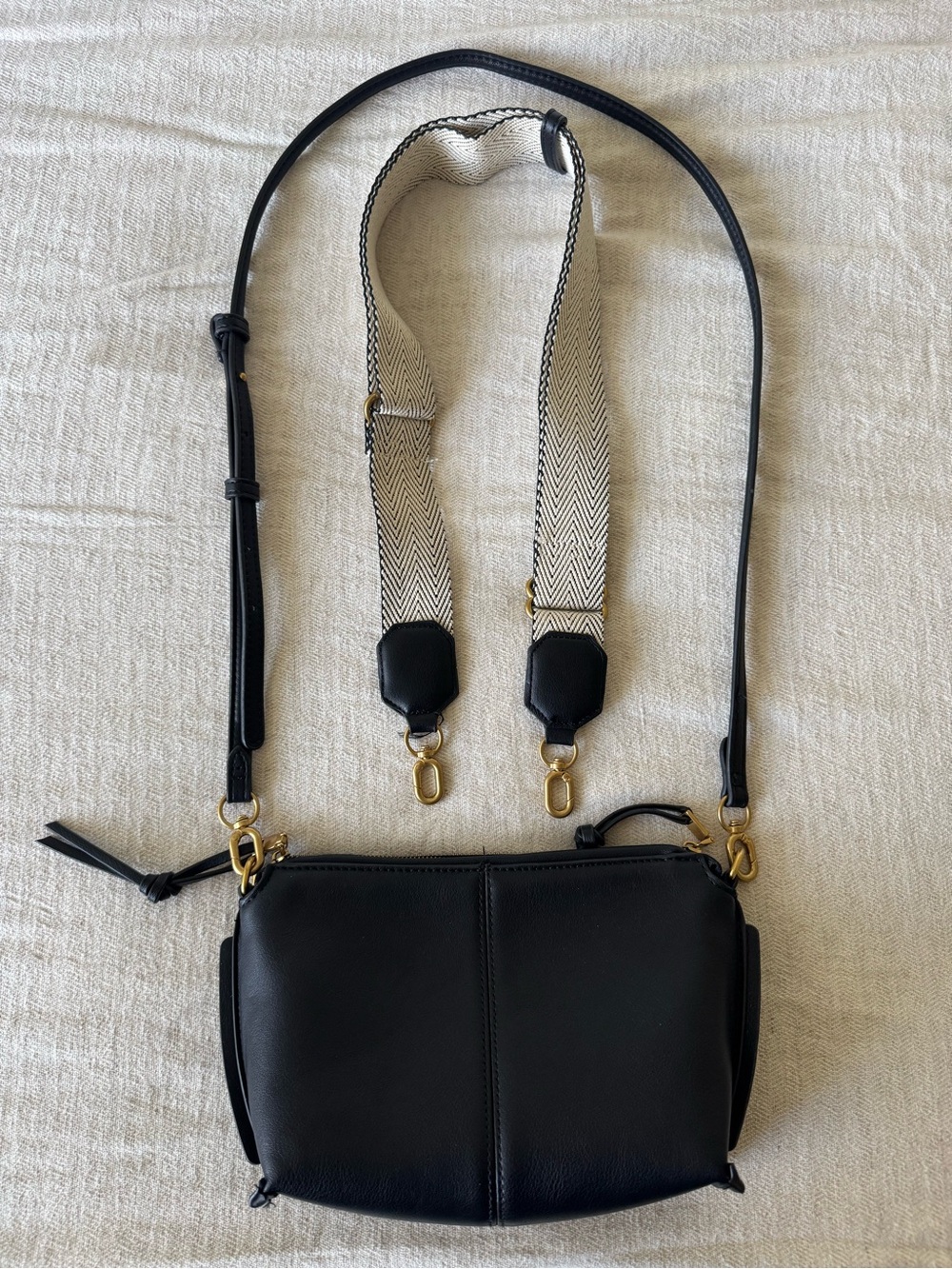 Zara Black Leather Crossbody with Cream Herringbone Strap